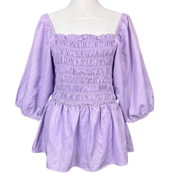 Vero‎ Moda Top Shirring Puff-Sleeves Peplum Square-Neck Babydoll Large Lavender - Picture 1 of 9